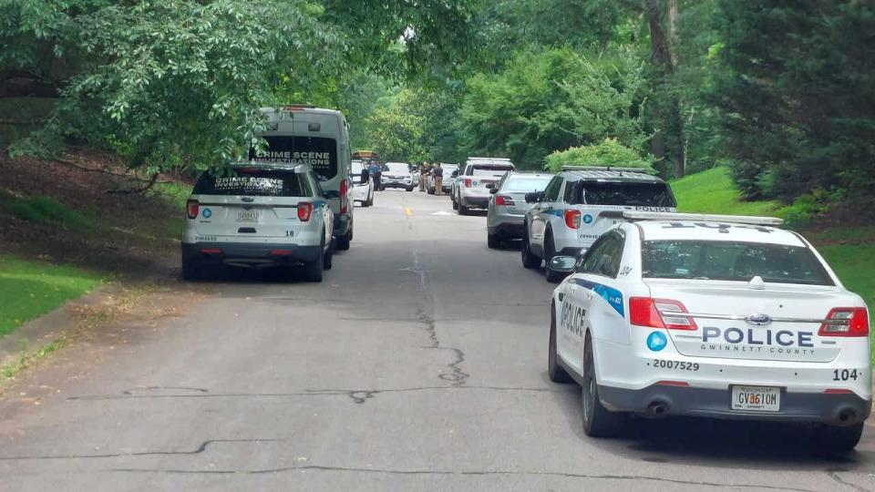 <div>Large Gwinnett County police presence seen along Foxcroft Road in Lawrenceville on June 1, 2024.</div>