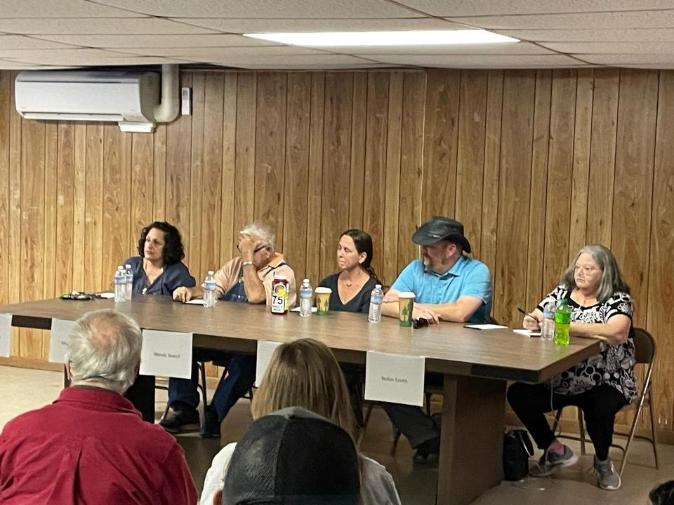 From left, Hot Springs Town Board incumbent members Jeanne Gentry and Vaughn Barnett are seated alongside candidates Wendy Stancil, Dan Myers and Robin Smith.