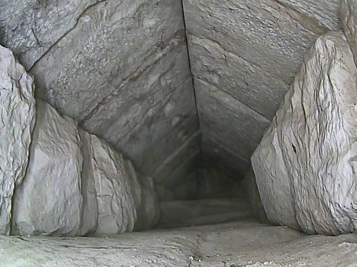 Researchers passed a 6mm-think endoscope, or camera, through a small joint in the pyramid’s stones to see inside the tunnel for the first time.