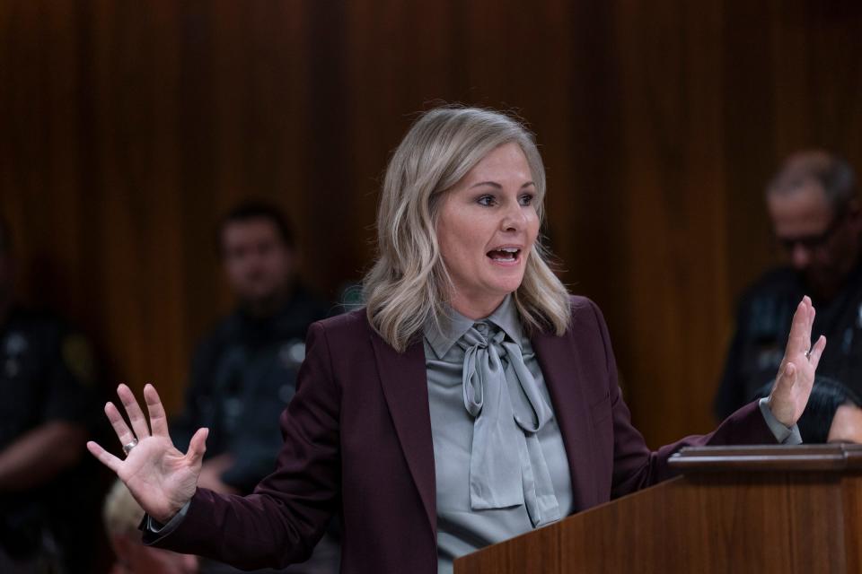 Oakland County Prosecutor Karen McDonald makes a passionate rebuttal during closing arguments at the end of a hearing to determine whether Ethan Crumbley will spend his life in jail without parole on Friday, Aug. 18, 2023, in Pontiac, Mich. The Oakland County prosecutors are making their case that Crumbley, a teenager, should be sentenced to life without parole for killing four students at Oxford High School in 2021.