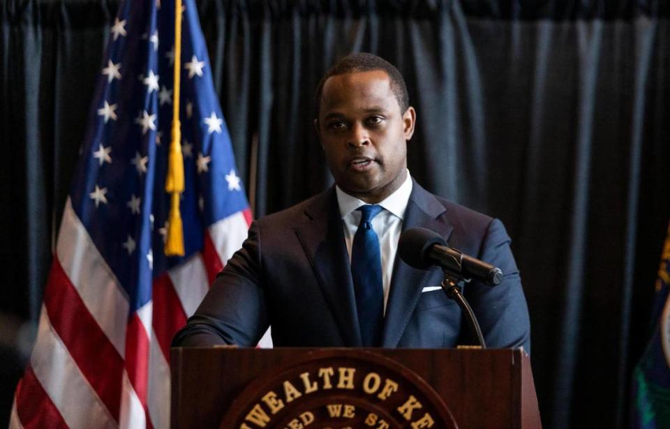 Kentucky Attorney General Daniel Cameron makes an announcement that one of the three officers, Brett Hankinson, will be charged with wanton endangerment in the first degree, for the shots he fired during the killing of Breonna Taylor during a press conference at the Kentucky History Center and Museum in Frankfort, Ky., Wednesday, September 23, 2020. “Justice is not always easy, it does not fit the mold of public opinion, and it does not conform to shifts in standards. It answers only to the facts and the law, “ Cameron said.