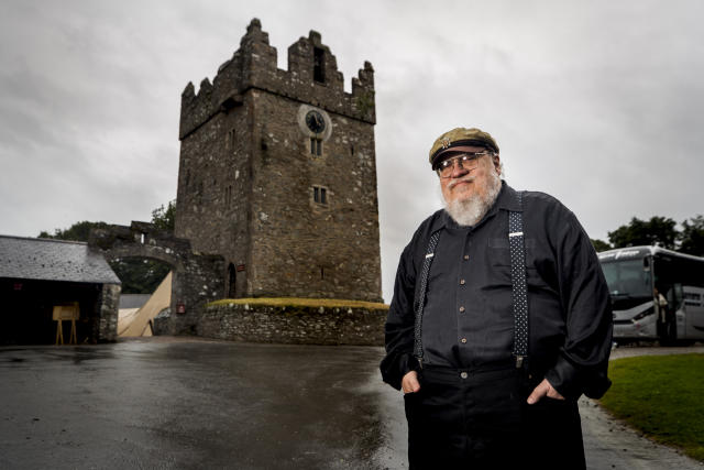 George R. R. Martin, American novelist and short story writer, best known for his series of epic fantasy novels, A Song of Ice and Fire, which was adapted into the HBO series Game of Thrones stands at fictional Winterfell Castle in the grounds of the National Trust property, Castle Ward, where scenes from the series were filmed, before an audience with George at Castle Ward&#xd5;s theatre this evening. (Photo by Liam McBurney/PA Images via Getty Images)