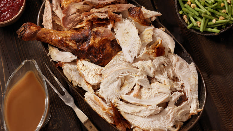 Platter of sliced white turkey meat