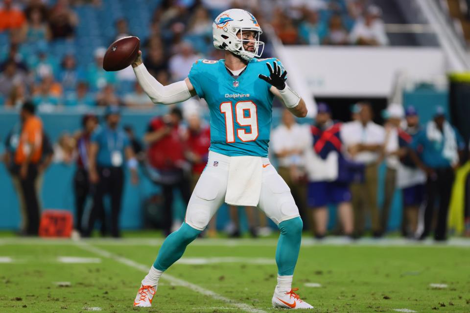 Aug 9, 2024; Miami Gardens, Florida, USA; Miami Dolphins quarterback Skylar Thompson (19) throws the football against the Atlanta Falcons during the first quarter at Hard Rock Stadium. Mandatory Credit: Sam Navarro-USA TODAY Sports