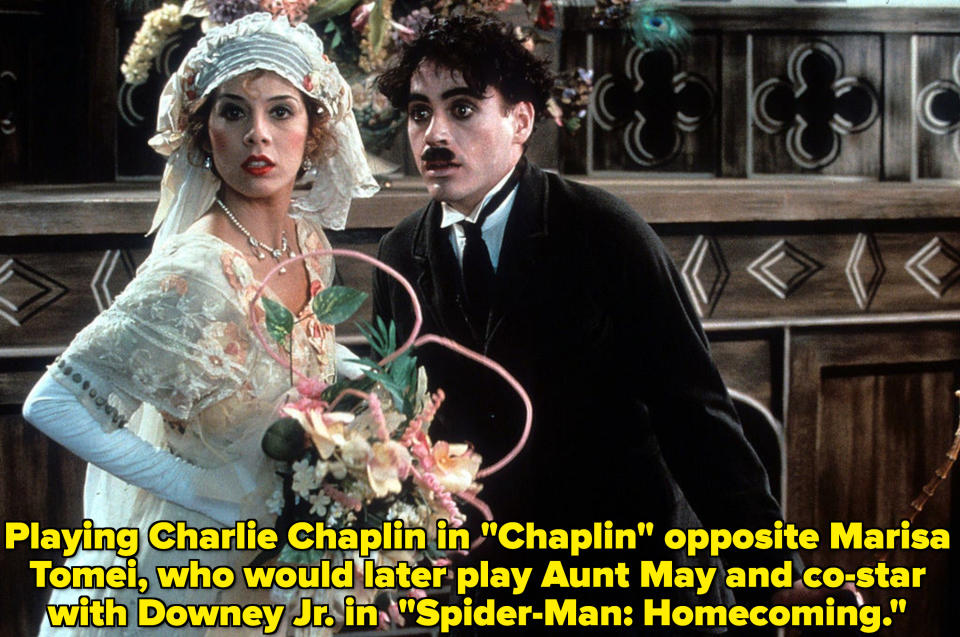 Marisa Tomei and Robert Downey Jr looking stunned in "Chaplin"