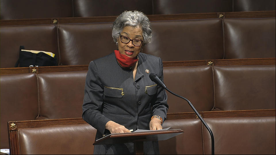 In this image from video, Rep. Joyce Beatty, D-Ohio, speaks on the floor of the House of Representatives at the U.S. Capitol in Washington, Thursday, April 23, 2020. (House Television via AP)