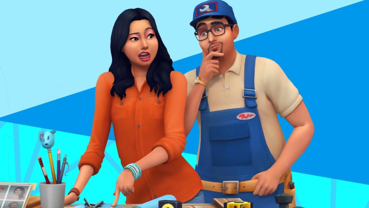  The Sims 4 - A Sim points to a blueprint on a table while another sim looks on, thinking, wearing overalls and a tool belt, and work hat. 