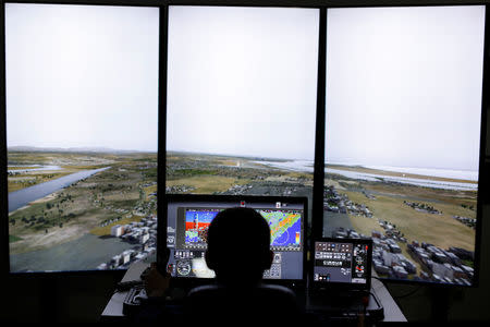 Military helicopter pilot Henery Jacobs uses a flight simulator at Coast Flight Training in San Diego, California, U.S., January 15, 2019. Picture taken January 15, 2019. REUTERS/Mike Blake