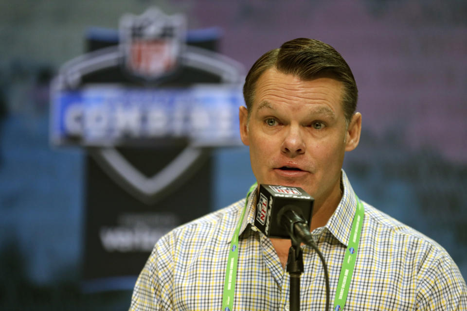 FILE - Indianapolis Colts general manager Chris Ballard speaks during a press conference at the NFL football scouting combine in Indianapolis, in this Tuesday, Feb. 25, 2020, file photo. With his team facing major holes at left tackle and edge rusher heading into next week's NFL Draft in Cleveland, April 29-May 1, 2021, Indianapolis Colts owner Jim Irsay hopes to fill one need with the No. 21 overall pick and the other over the final six rounds. But Irsay isn't tipping his hand about which way — or perhaps a third way — the Colts are leaning, certainly not with general manager Chris Ballard calling the shots. (AP Photo/Michael Conroy, File)