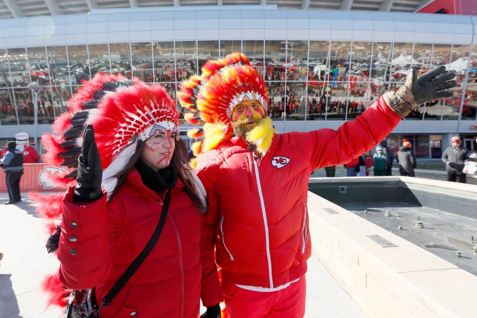 In this Jan. 19, 2020, file photo, Kansas City Chiefs fans arrive before the NFL AFC Championship football game against the Tennessee Titans Sunday, in Kansas City, Mo.