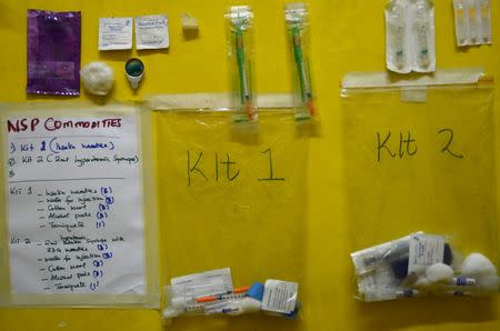 Samples of needle and syringe program kits that the Nairobi Outreach Services Trust (NOSET) provides to heroin users to encourage safe injecting practices are pictured in Nairobi, Kenya, July 13, 2016. REUTERS/Neha Wadekar