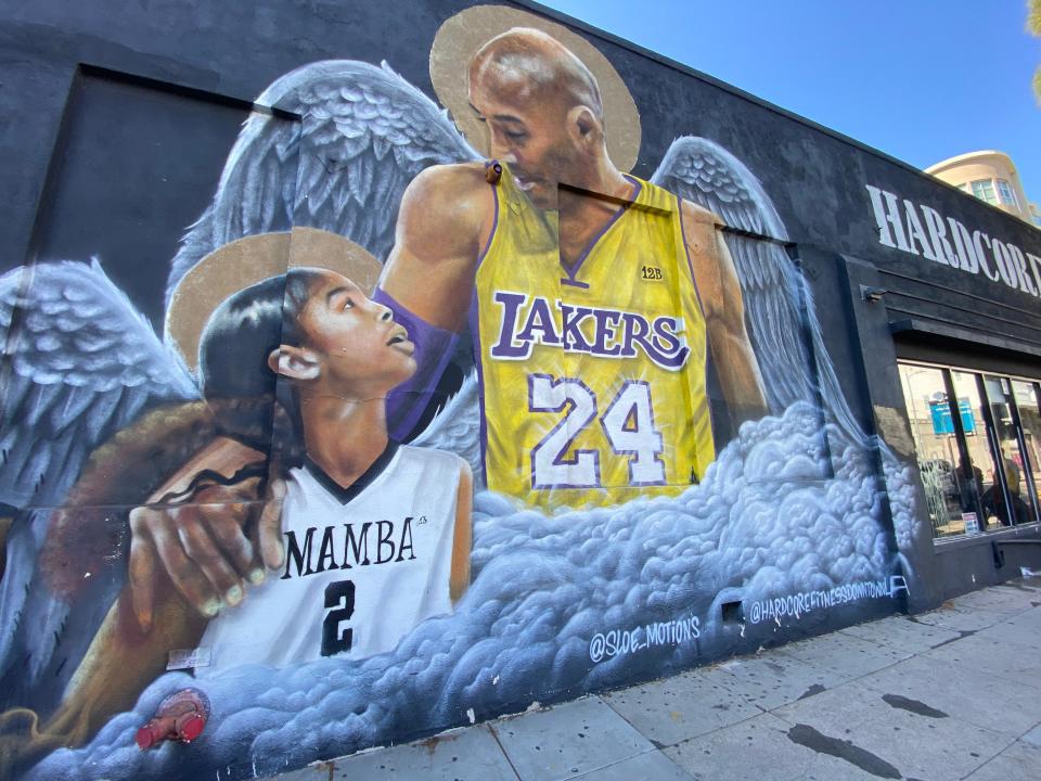 The mural of Gianna and Kobe Bryant on Hardcore Fitness, just blocks away from the Los Angeles Lakers home arena.