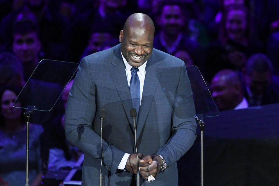 LOS ANGELES, CALIFORNIA - FEBRUARY 24: Shaquille O'Neal speaks during The Celebration of Life for Kobe & Gianna Bryant at Staples Center on February 24, 2020 in Los Angeles, California. (Photo by Kevork Djansezian/Getty Images)