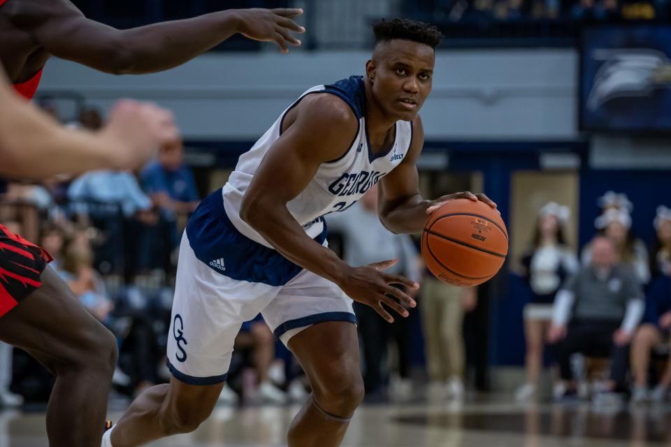 Georgia Southern forward/center Prince Toyambi with the ball during an 82-71 win over Ball State in the season opener for both teams on Nov. 9, 2021 at Hanner Fieldhouse in Statesboro.