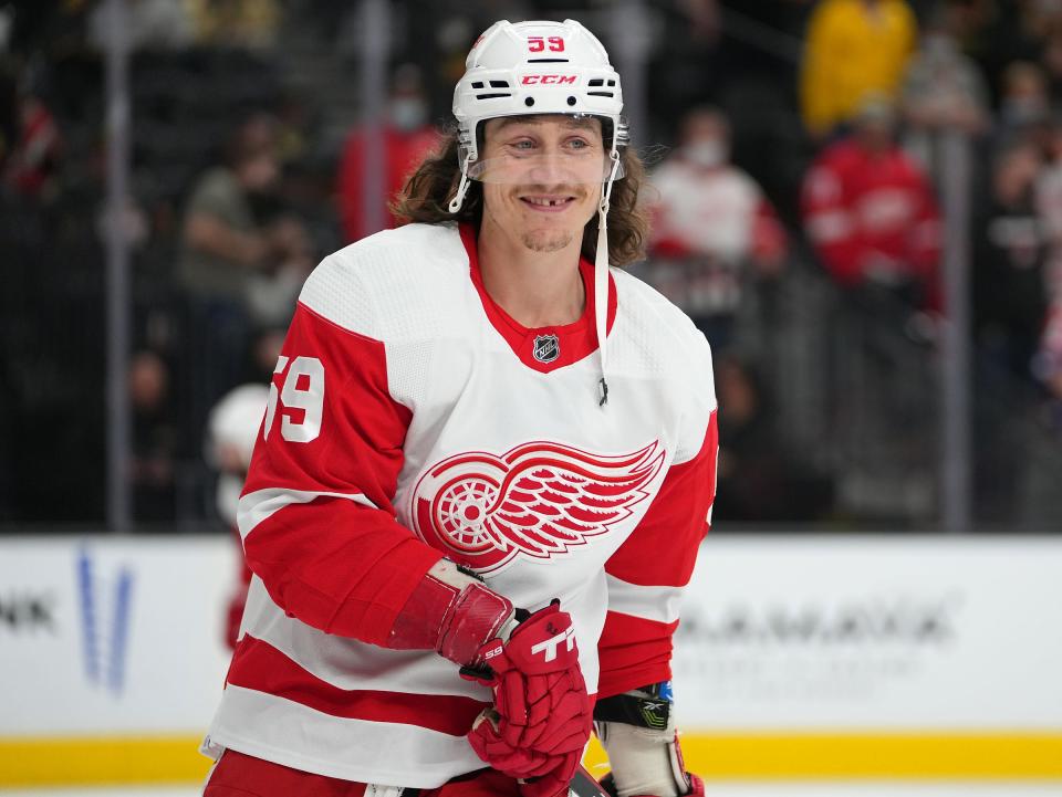 Detroit Red Wings left wing Tyler Bertuzzi (59) is pictured during warmups before the start of a game against the Vegas Golden Knights at T-Mobile Arena on Nov. 18, 2021.