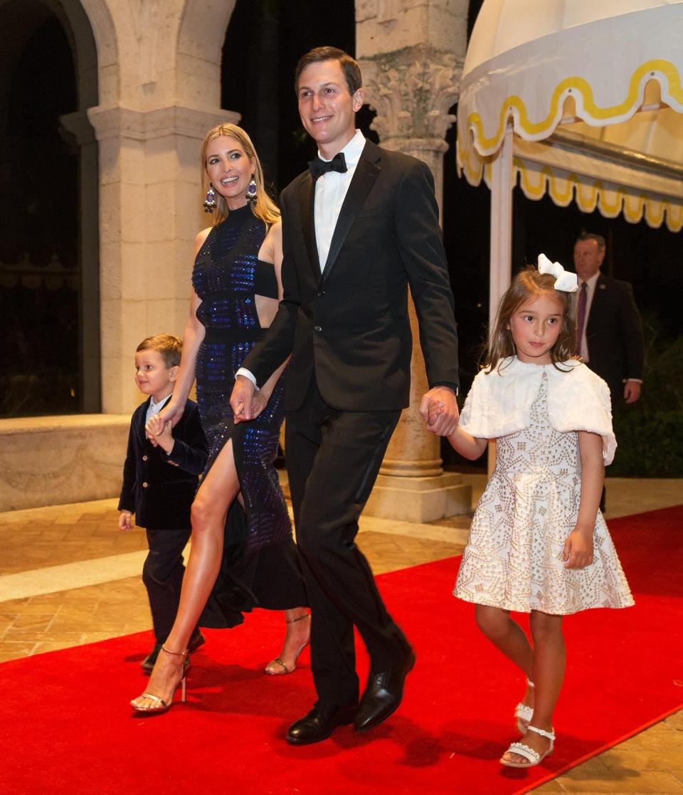 Jared Kushner and Ivanka Trump arrive with daughter Arabella Kushner and son Joseph Kushner for a New Year's Eve gala at Mar-a-Lago, Sunday, Dec. 31, 2017, in Palm Beach, Florida. [Greg Lovett/palmbeachpost.com]