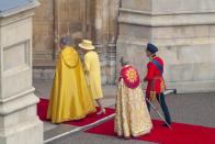 <p>The Queen arrives last, with Prince Philip, once all other guests are inside the church. She is greeted by members of the church before heading inside. Charles and Camilla met the Queen at the aisle during the 2011 royal wedding and then lead her to the front. The Bride then walks in, followed by her bridesmaid - even the Queen stands for this. But the bride pauses at the top of the alter while the groom/Prince walks in from the side. Then she walks down the aisle to meet him at the altar.</p>