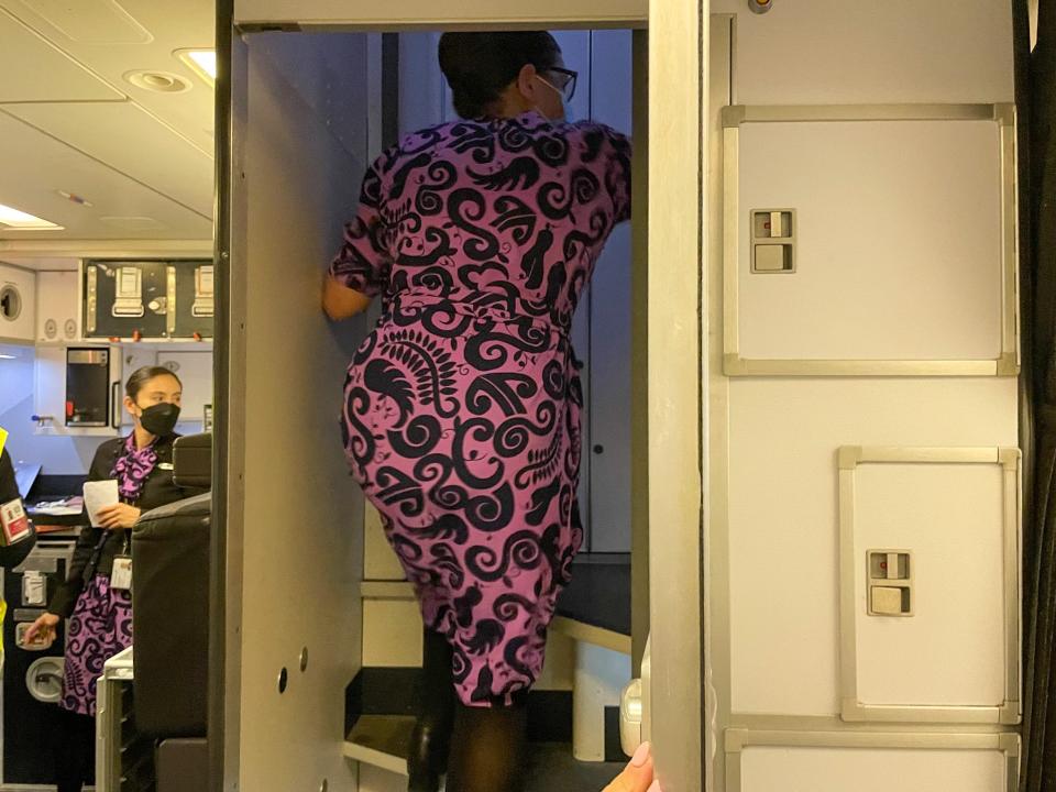 Flight attendant Alice climbs up into the bedroom where pilots rest on long-haul flights.