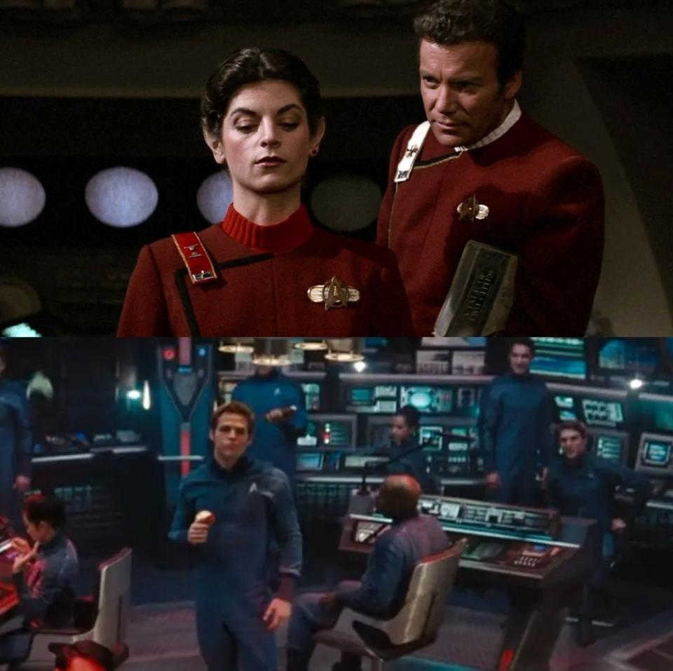 Admiral Kirk and Lt. Saavik after her Kobayashi Maru test in Wrath of Khan, and Kirk's own test in Star Trek 2009.