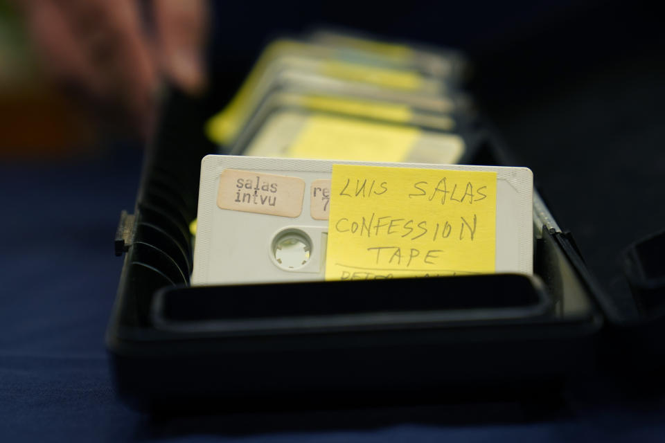 A box containing tapes from interviews rests on a table at the Lyndon B. Johnson's presidential library, Wednesday, Aug. 31, 2022, in Austin, Texas. The family of the late Associated Press reporter James W. Mangan has donated to the library cassette tapes containing interviews the reporter did that led to a 1977 story in which a Texas voting official detailed how three decades earlier, votes were falsified to give Johnson a slim victory in a U.S. Senate primary. (AP Photo/Eric Gay)