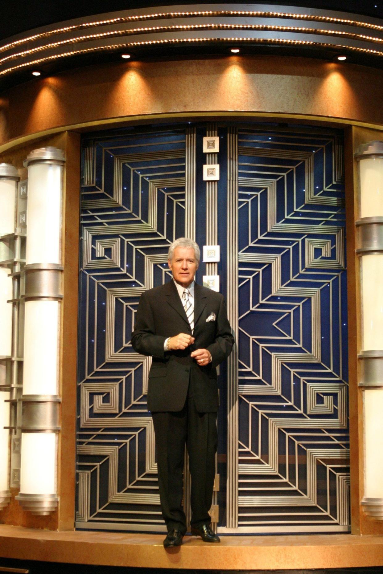 Alex Trebek is seen on the "Jeopardy" set in 2006.