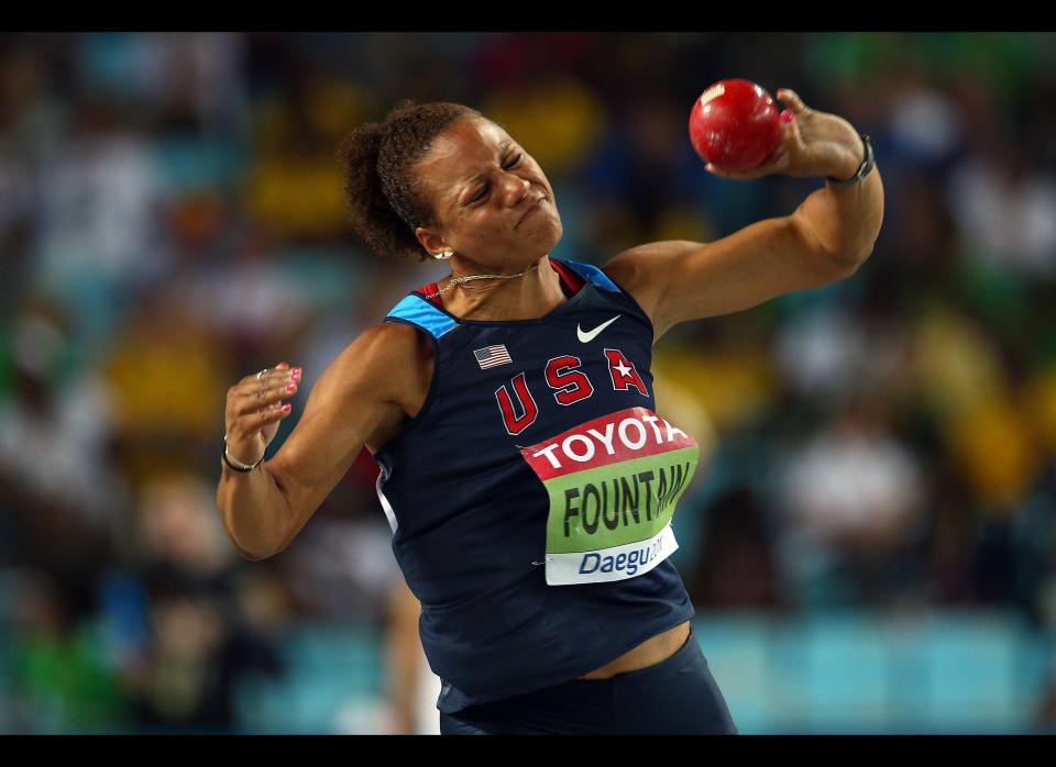 Hyleas Fountain of United States competes in the shot put in the women's heptathlon during day three of the 13th IAAF World Athletics Championships at the Daegu Stadium on August 29, 2011 in Daegu, South Korea. 