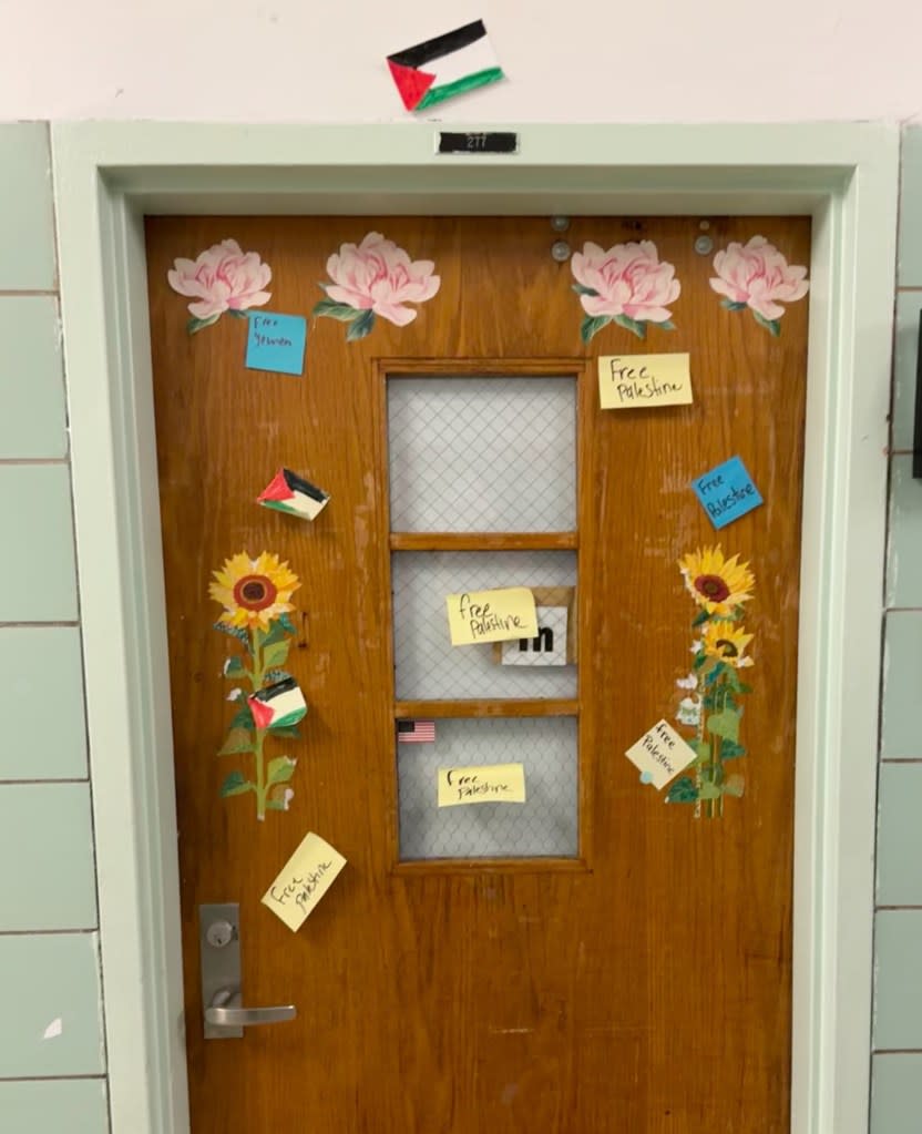 “Free Palestine” notes stuck to history teacher Kaminsky’s classroom door.