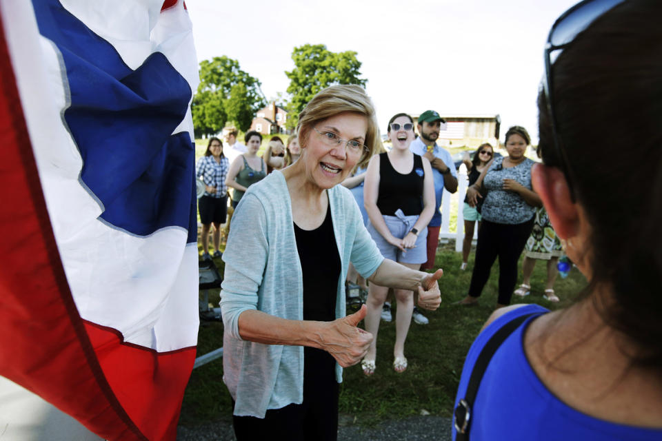 Elizabeth Warren campaigns for reelection to the Senate at Belkin Family Lookout Farm in Natick, Mass., in 2018.