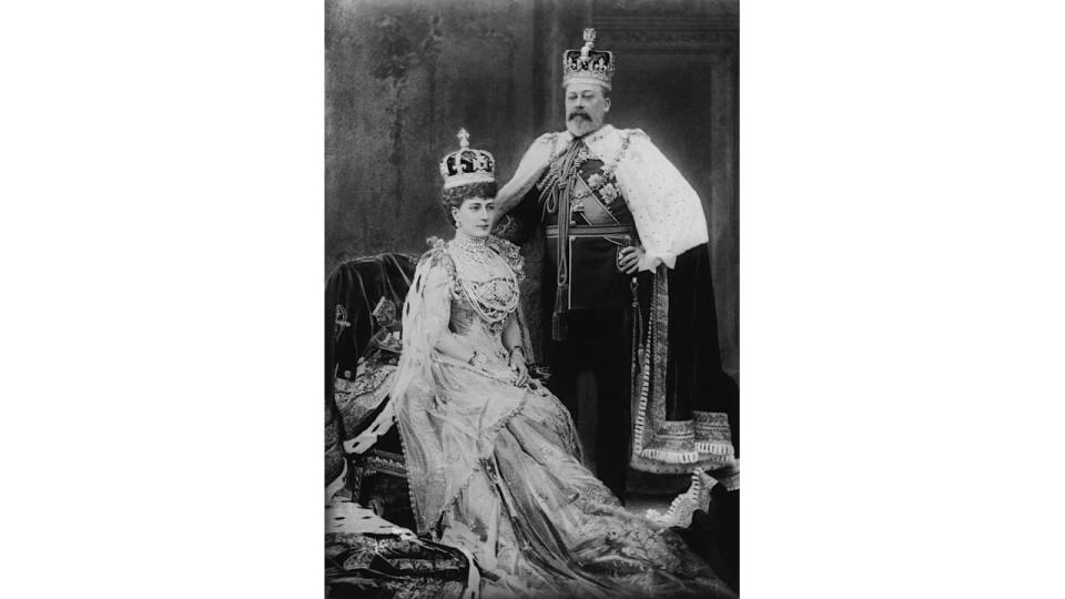 King Edward VII (1841 - 1910) with his consort Queen Alexandra (1844 - 1925) in London on the day of his coronation, 9th August 1902