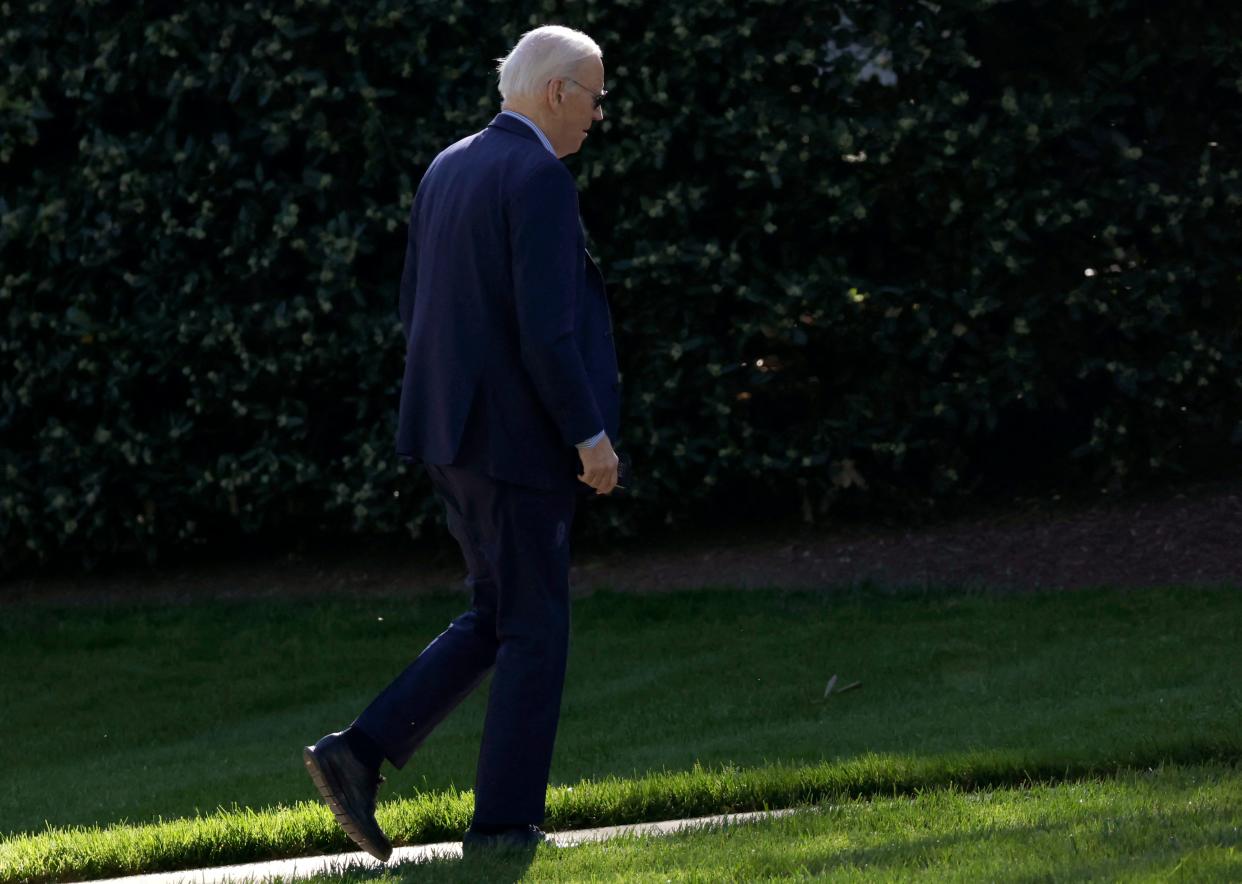 US President Joe Biden arrives at the White House in Washington, DC, on April 13, 2024. Biden cut short a weekend trip to Delaware on Saturday to return to Washington for urgent consultations on the Middle East, the White House said. Iran launched drones at Israel directly from its territory Saturday, the Israeli army said. (Photo by SAMUEL CORUM / AFP) (Photo by SAMUEL CORUM/AFP via Getty Images)