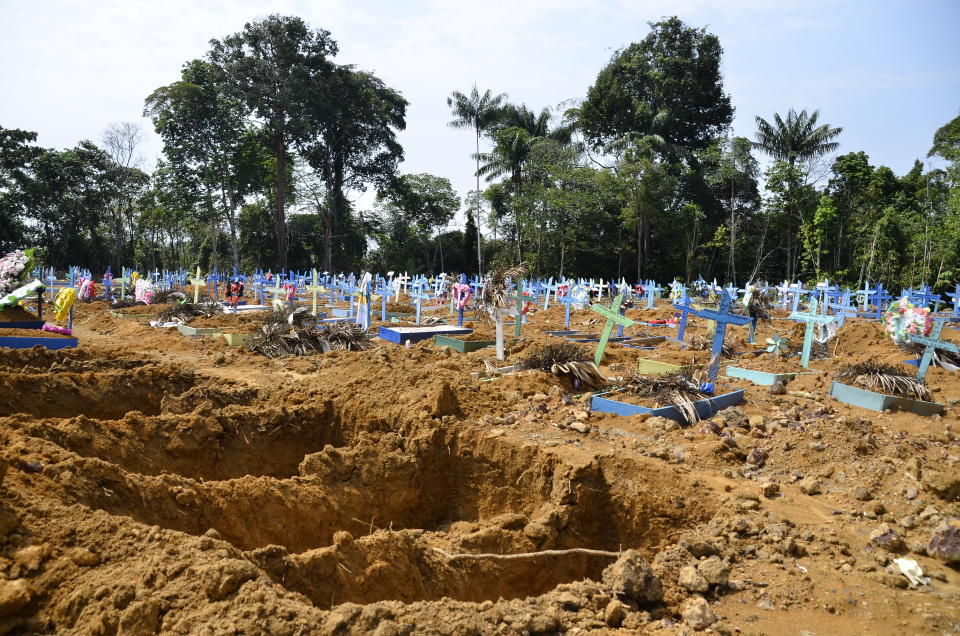 Pictured is Brazil's Taruman Park Cemetery, which is used to bury Covid victims.