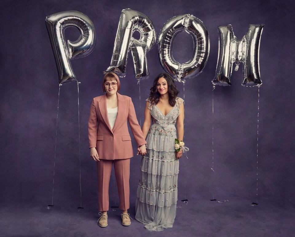 In Broadway's "The Prom," Caitlin Kinnunen and Isabelle McCalla portray a lesbian teen couple forbidden from attending their prom together.&nbsp; (Photo: Nathan Johnson )