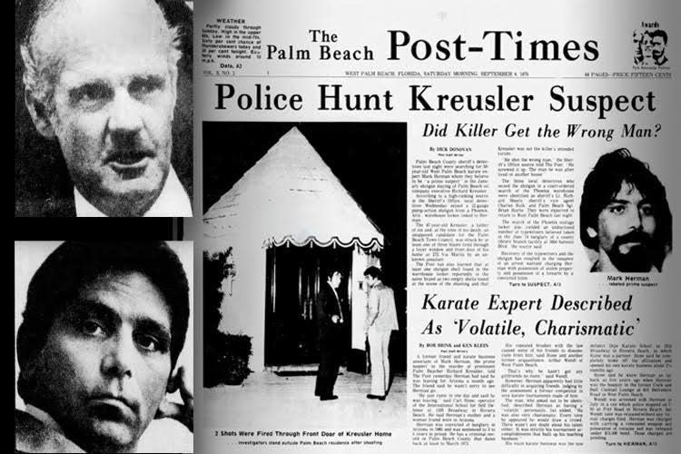 Richard Kreusler (top left), a politically connected oil distributor, got up to answer the doorbell at his Palm Beach home on the evening of Jan. 16, 1976. He asked who it was. The answer was three shotgun blasts through the window and door. Mark Herman (bottom left), a karate instructor and low-level drug dealer, was convicted of first-degree murder largely on the testimony of four felons. Now he is seeking a full pardon.