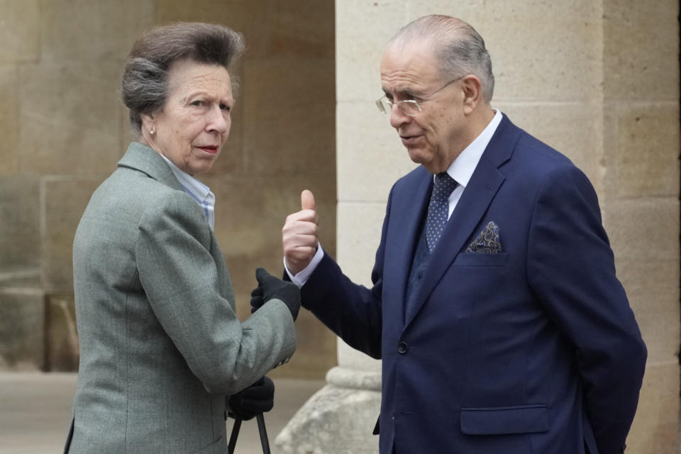 Britain's Princess Anne, left, speaks with Cyprus' Foreign Minister Ioannis Kasoulides ahead of a meeting with Cyprus' President Nicos Anastasiades, in Nicosia, Cyprus, Wednesday, Jan. 11, 2023. Princess Anne visited British soldiers serving with a United Nations peacekeeping force on ethnically divided Cyprus. (AP Photo/Petros Karadjias)