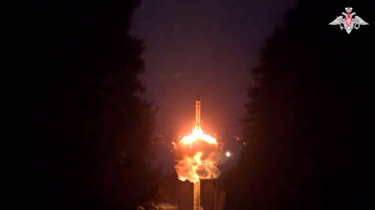 A still image from video, released by the Russian Defence Ministry, shows what it said to be Russia’s Yars intercontinental ballistic missile test-launched at the Plesetsk cosmodrome during a military exercise (via REUTERS)
