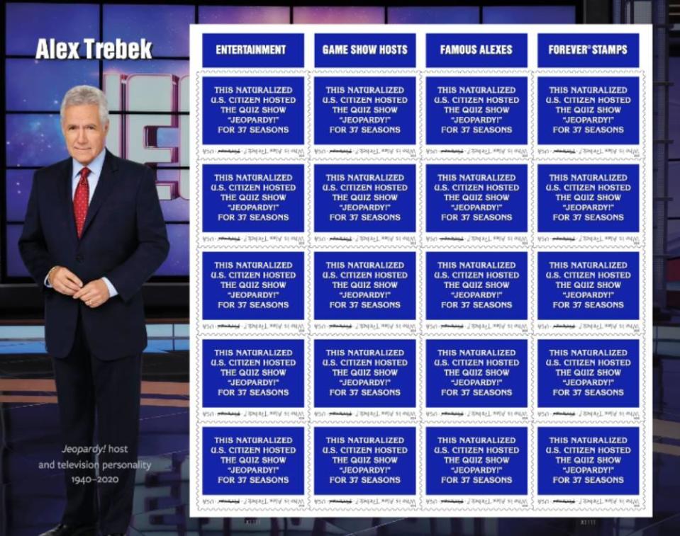 Longtime TV host Alex Trebek, who died in 2020 after a battle with pancreatic cancer, is being remembered with a new Forever stamp by the United States Postal Service / Credit: United States Postal Service