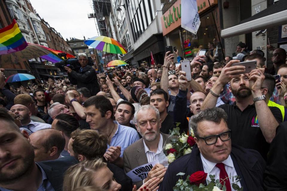 Labour leader Jeremy Corbyn and Tom Watson at a vigil for the victims of the Orlando nightclub shooting in 2016. (Getty Images)