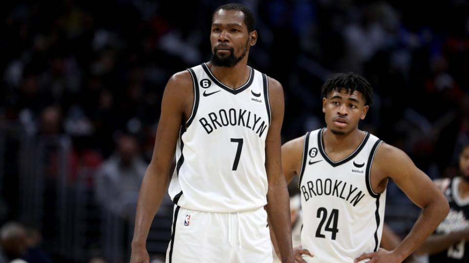 Nov 12, 2022; Los Angeles, California, USA; Brooklyn Nets forward Kevin Durant (7) and guard Cam Thomas (24) during the second half against the Los Angeles Clippers at Crypto.com Arena.