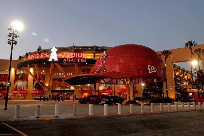 ANAHEIM, CA - MAY 24: Angel Stadium of Anaheim on Tuesday, May 24, 2022 in Anaheim, CA. Anaheim Mayor Harry Sidhu announced Monday that he was stepping down after being accused of bribery, fraud, obstruction of justice and witness tampering. A federal public corruption investigation linked to the proposed sale of Angel Stadium and allegations that a secretive "cabal" controlled Anaheim's politics. (Gary Coronado / Los Angeles Times)