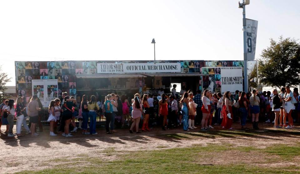 Hundreds of Taylor Swift fans line up for hours to buy merchandise before her first sold-out concert of three nights at AT&T Stadium in Arlington on Friday, March 31, 2023.