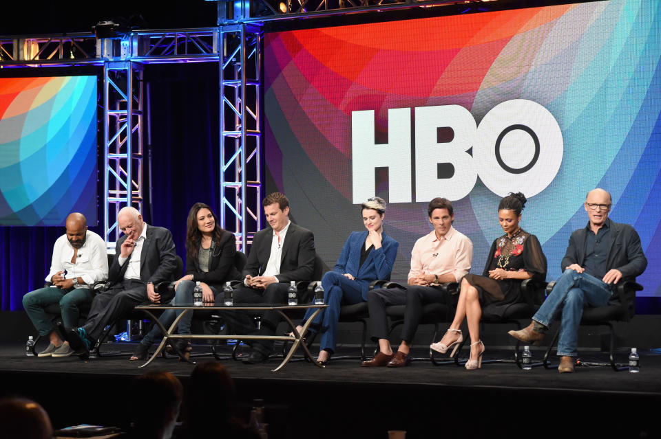 BEVERLY HILLS, CA - JULY 30:  (L-R) Actors Jeffrey Wright, Sir Anthony Hopkins, Executive producer/writer Lisa Joy, Director/executive producer/writer Jonathan Nolan, actors Evan Rachel Wood, James Marsden, Thandie Newton and Ed Harris speak onstage during the 'Westworld' panel discussion at the HBO portion of the 2016 Television Critics Association Summer Tour at The Beverly Hilton Hotel on July 30, 2016 in Beverly Hills, California.  (Photo by Jeff Kravitz/FilmMagic)