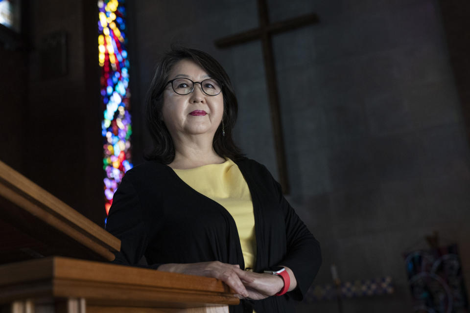 The Rev. Kyunglim Shin Lee, Vice President for International Relations at the Wesley Theological Seminary, poses for a portrait, Thursday, March 10, 2022, in the chapel at the Seminary in Washington. (AP Photo/Jacquelyn Martin)