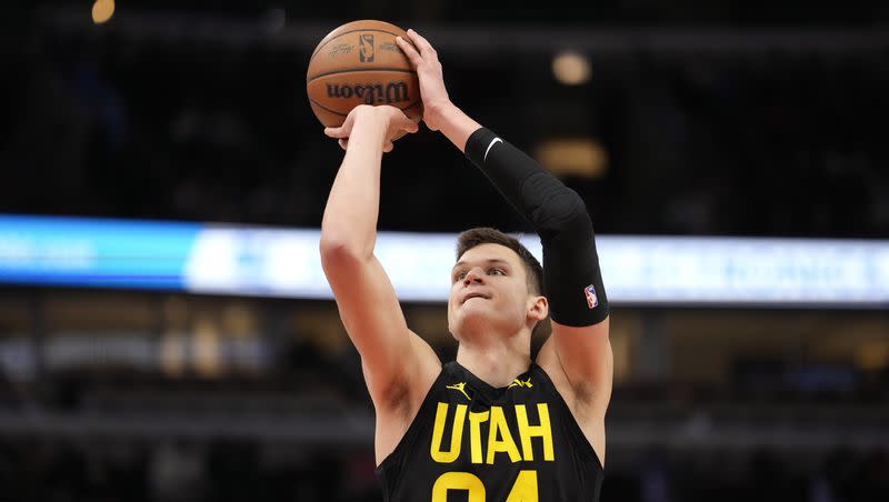 Utah Jazz’s Walker Kessler shoots a free throw during a game against the Chicago Bulls Monday, Nov. 6, 2023, in Chicago. As a below 50% free-throw shooter, could teams take to fouling Kessler at the end of the tight games?