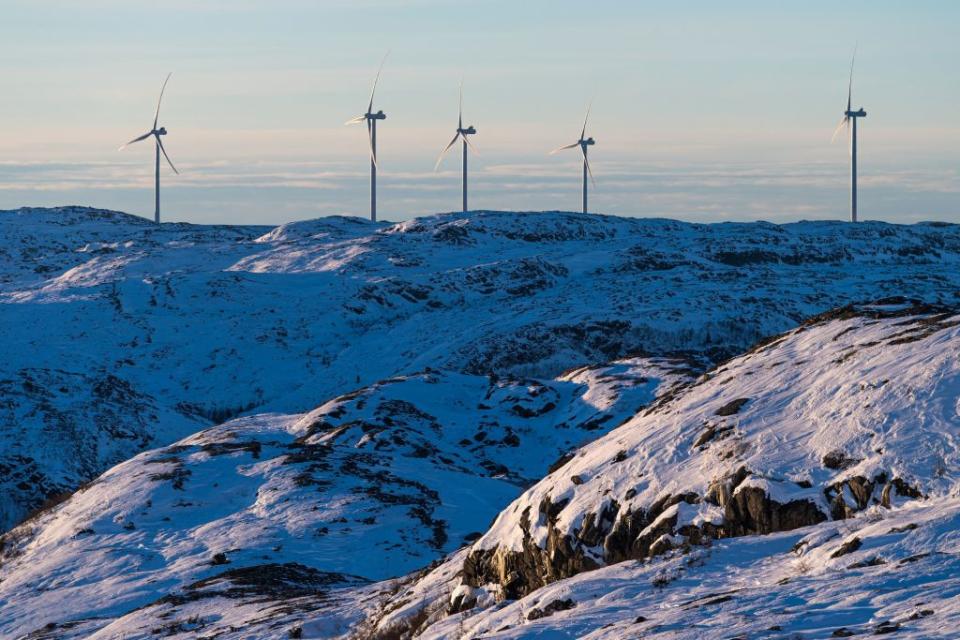Wind turbines at the Storheia wind farm in the Fosen Peninsula, one of two wind farms opposed by Saami activists, on Dec. 7, 2021.<span class="copyright">Jonathan Nackstrand—AFP/Getty Images</span>