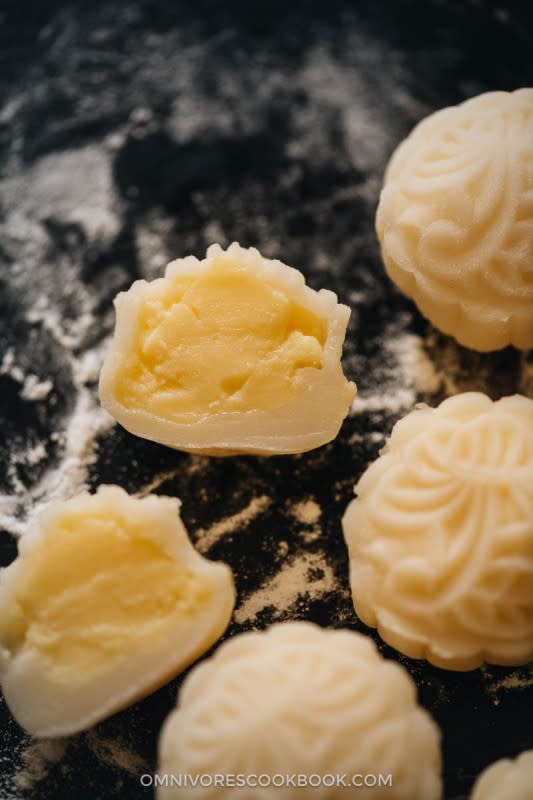 <p>Omnivore's Cookbook</p><p>The snow skin mooncake is made with a tender and fragrant mochi wrapper and a creamy custard filling. This recipe does not require special ingredients that are hard to find and you can get everything online if you don’t live close to an Asian market. It’s the perfect recipe to celebrate Mid-Autumn Festival.</p><p><strong>Get the recipe here: <a href="https://omnivorescookbook.com/snow-skin-mooncake-custard/" rel="nofollow noopener" target="_blank" data-ylk="slk:Snowskin Mooncake with Custard Filling;elm:context_link;itc:0;sec:content-canvas" class="link ">Snowskin Mooncake with Custard Filling</a></strong></p>