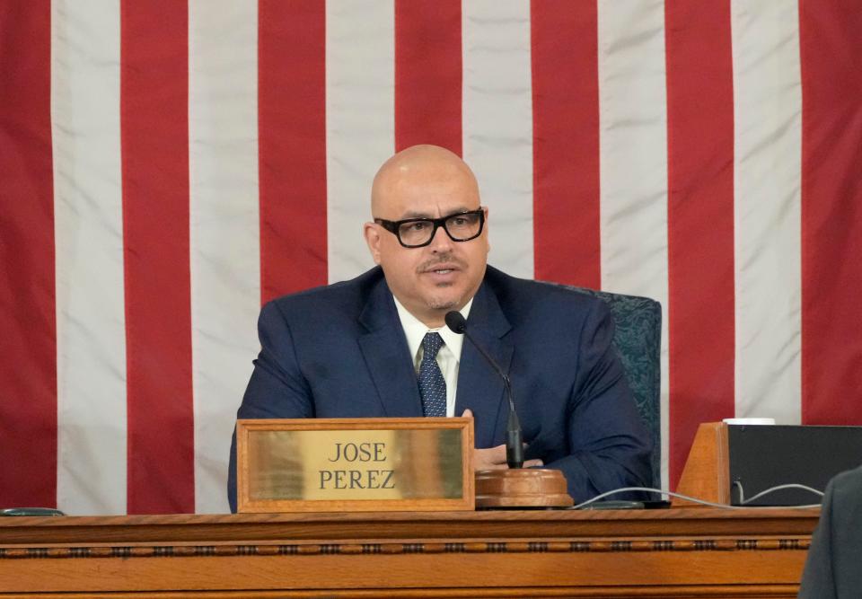 Milwaukee Common Council President Jose Perez conducts his first in-person meeting as council president at Milwaukee City Hall in Milwaukee on Tuesday, May 10, 2022. Perez is the first Latino council president in Milwaukee history.