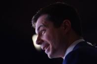 Former South Bend Mayor Pete Buttigieg talks to reporters in the spin room after the ninth Democratic 2020 U.S. Presidential candidates debate at the Paris Theater in Las Vegas