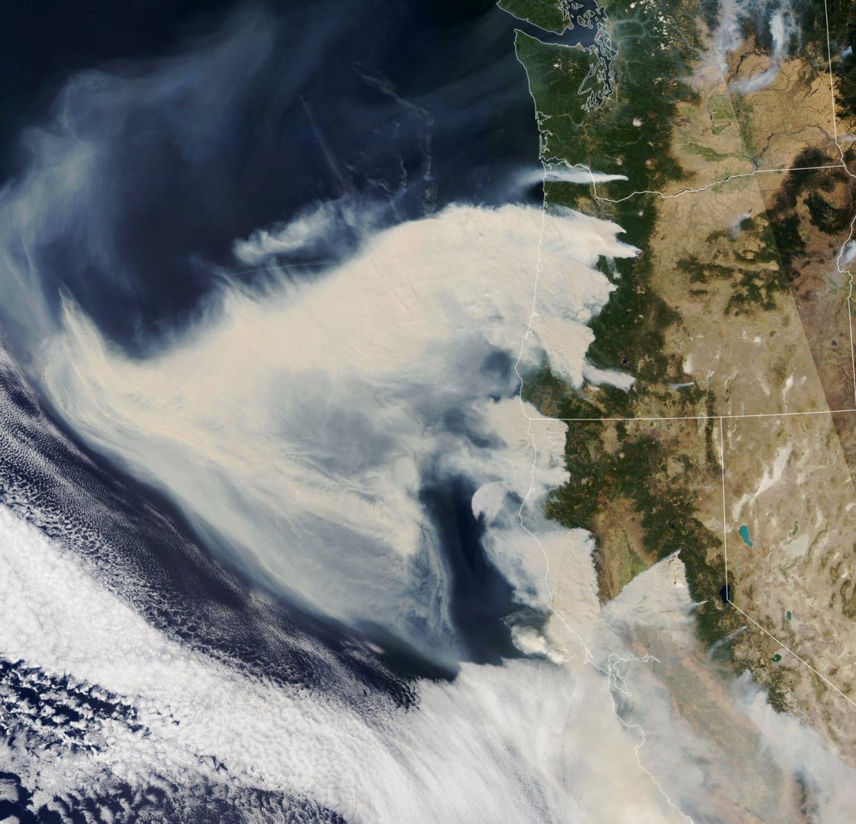 Photo satellite des fumées des incendies sur la côte ouest des États-Unis, le 8 septembre 2020 - NASA EARTH OBSERVATORY / AFP