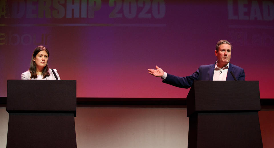 GLASGOW, SCOTLAND - FEBRUARY 15: Sir Keir Starmer (R) gestures towards towards Lisa Nandy at the Labour leadership hustings on the stage at SEC in Glasgow on February 15, 2020 in Glasgow, Scotland. Sir Keir Starmer, Rebecca Long-Bailey and Lisa Nandy are vying to replace Labour leader Jeremy Corbyn, who offered to step down following his party's loss in the December 2019 general election. Emily Thornberry was eliminated from the race yesterday after failing to secure enough nominations from local constituency parties. (Photo by Robert Perry/Getty Images)