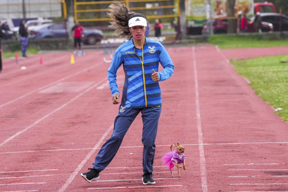 La maratonista ecuatoriana Rosa Alba Chacha entrena junto a su perrita Estela en Quito, el jueves 4 de abril de 2024 (AP Foto/Dolores Ochoa)